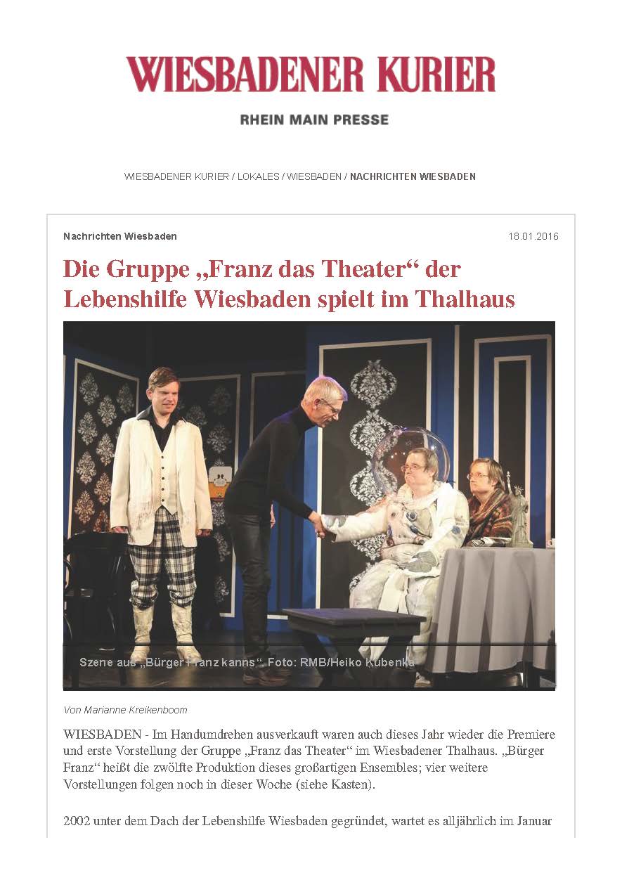 Die Gruppe „Franz das Theater“ der Lebenshilfe Wiesbaden spielt im Thalhaus - Wiesbadener Kurier_Seite_1
